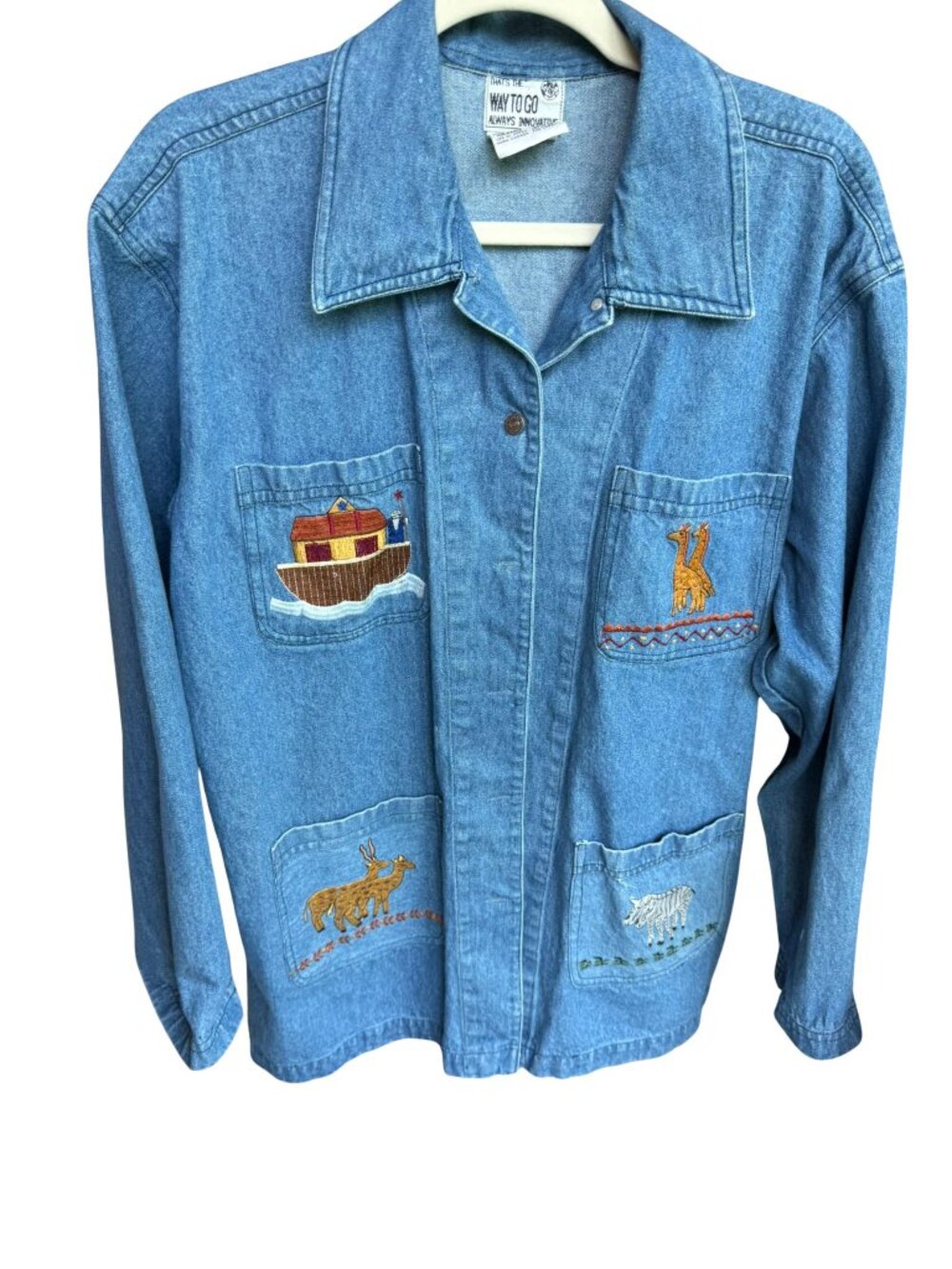 VTG Noah's Ark Embroidered Denim Shacket Large Cottagecore Sunday School Teacher